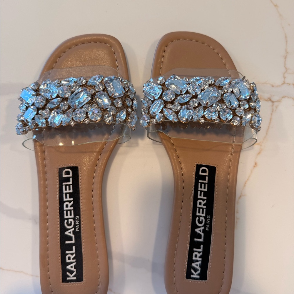 Karl Lagerfeld Tan Nude Crystal-Embellished Clear Strap Mules